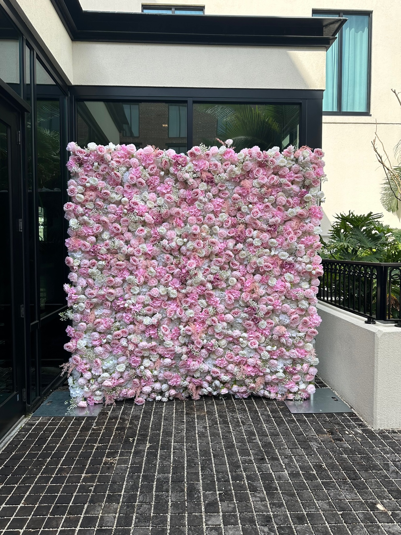 Flower wall displayed on an outdoor patio